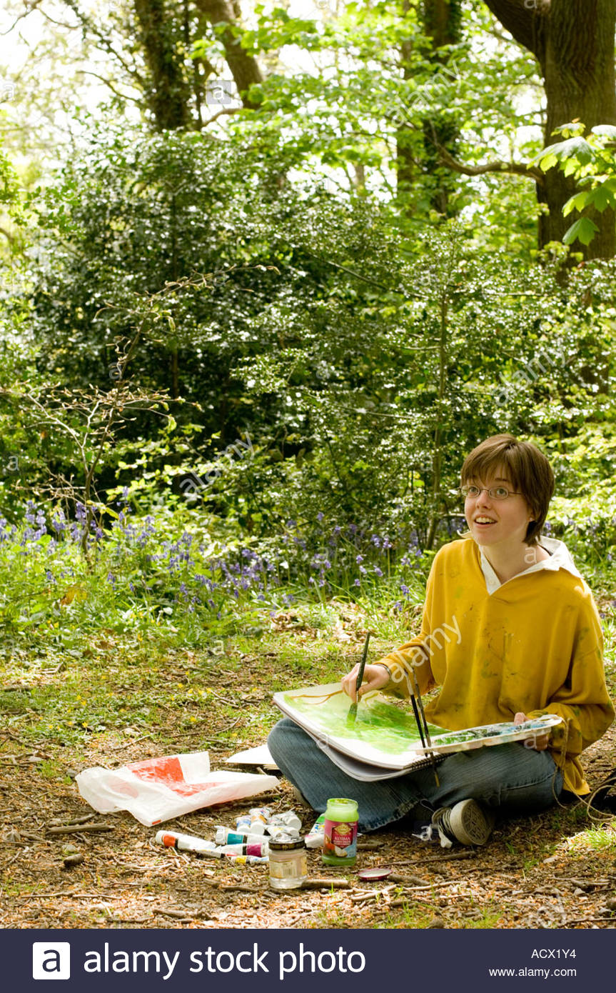 863x1390 Young Woman Wearing Yellow Shirt Smiling Sitting And Painting - Painting In Nature