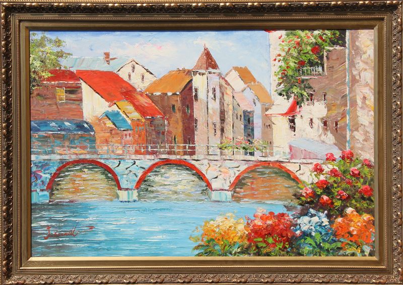 800x567 J. Burnett, Village Canal, Oil Painting - Painting J