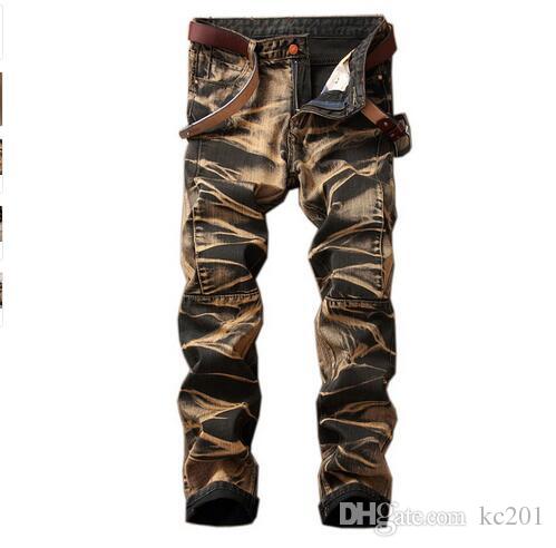 499x492 High Quality Retro Men Gold Painting Jeans Coated Stretch Slim - Painting Jeans