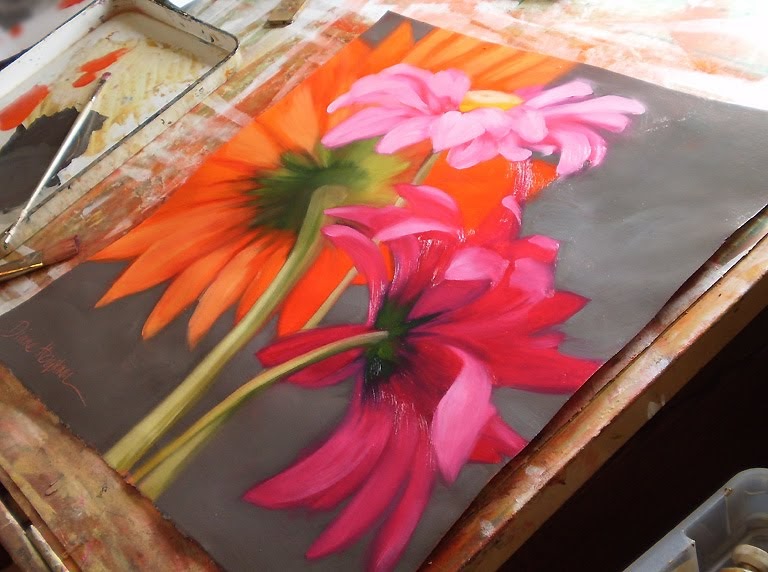 768x572 Diane Hoeptner Taffy Trio Big Flower Painting 22x22 - Painting Large Flowers