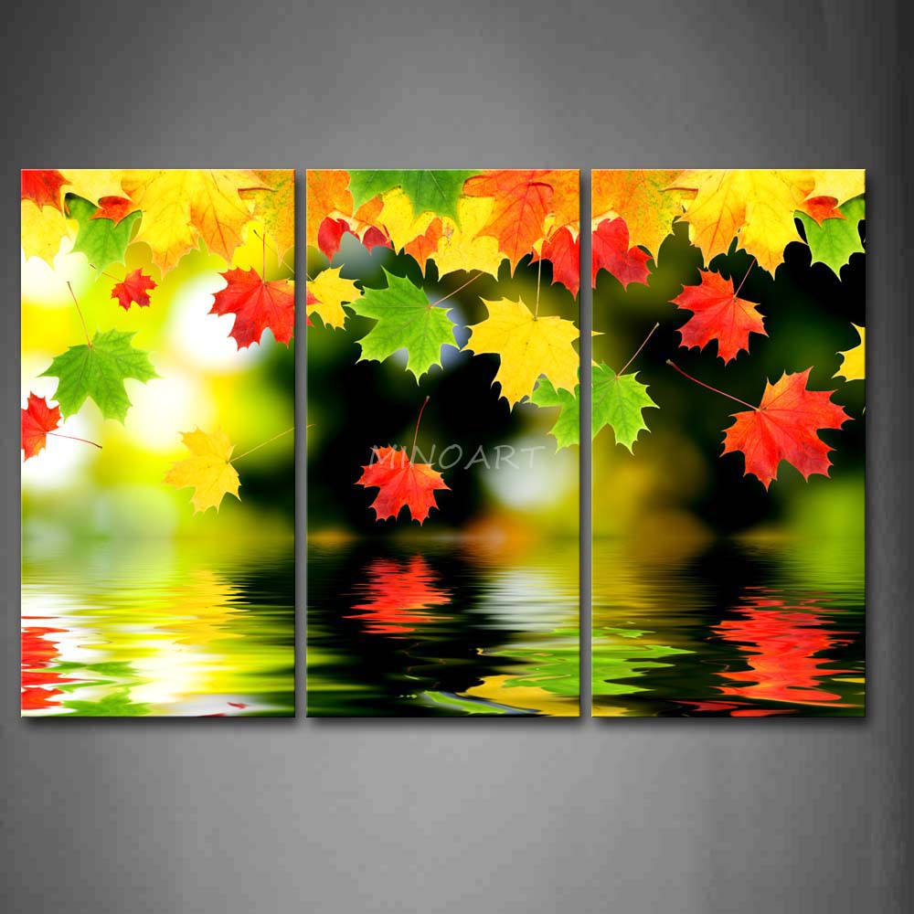 1000x1000 3 Piece Yellow Orange Wall Art Painting Colorful Leaf Falling - Painting Leaves On Canvas