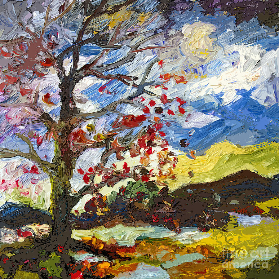 900x900 Modern Art Autumn Tree Red Leaves Falling Painting By Ginette Callaway - Painting Leaves On Trees
