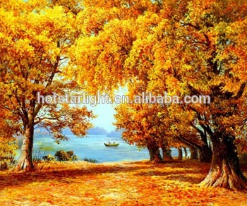 350x292 Autumn Season Lake Boat Full Trees Leaves 3d Natural Art Painting - Painting Leaves On Trees