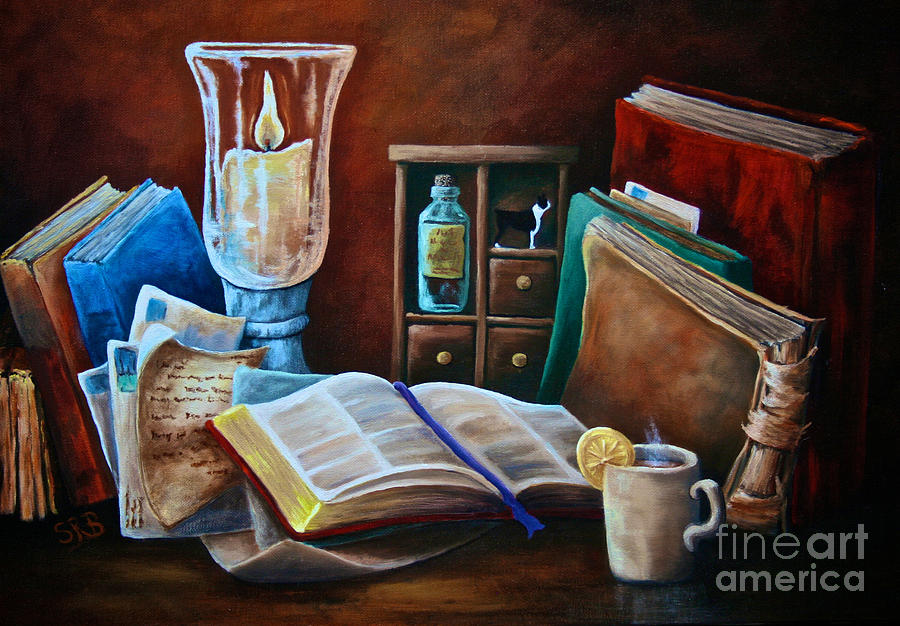 900x626 Srb Candlelit Library Painting By Susan Herber - Painting Library