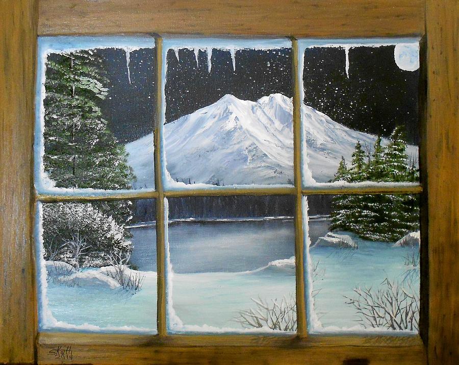 900x715 Out My Window Bright Winter's Night Painting By Sheri Keith - Painting Looking Through A Window