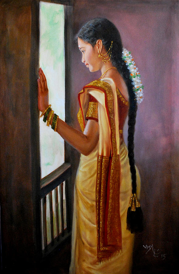 589x900 Tamil Girl Looking Through Window Painting By Vishalandra Dakur - Painting Looking Through A Window