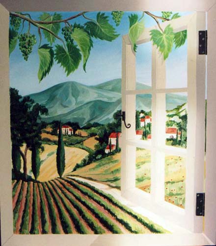 440x500 Trompe L'Oeil Painted Window Looking Out On A French Landscape - Painting Looking Through A Window
