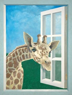 249x329 Giraffe Mural X Acrylic On Canvas Tromp L'Oeil A Giraffe - Painting Looking Through A Window