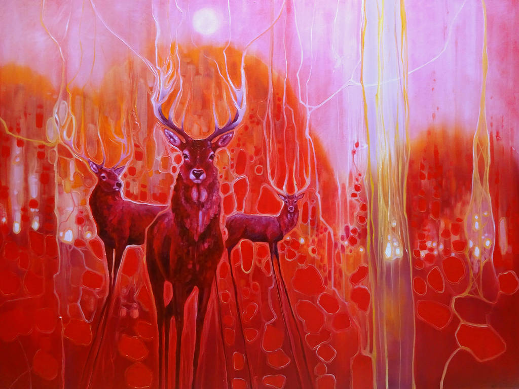 1024x768 Red Magic A Red Painting With Red Deer - Painting Magic