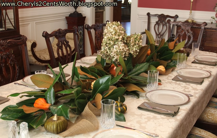 900x574 Cheryl's 2 Cents' Worth Fall Tablescape Using Magnolia And Spray - Painting Magnolia Leaves