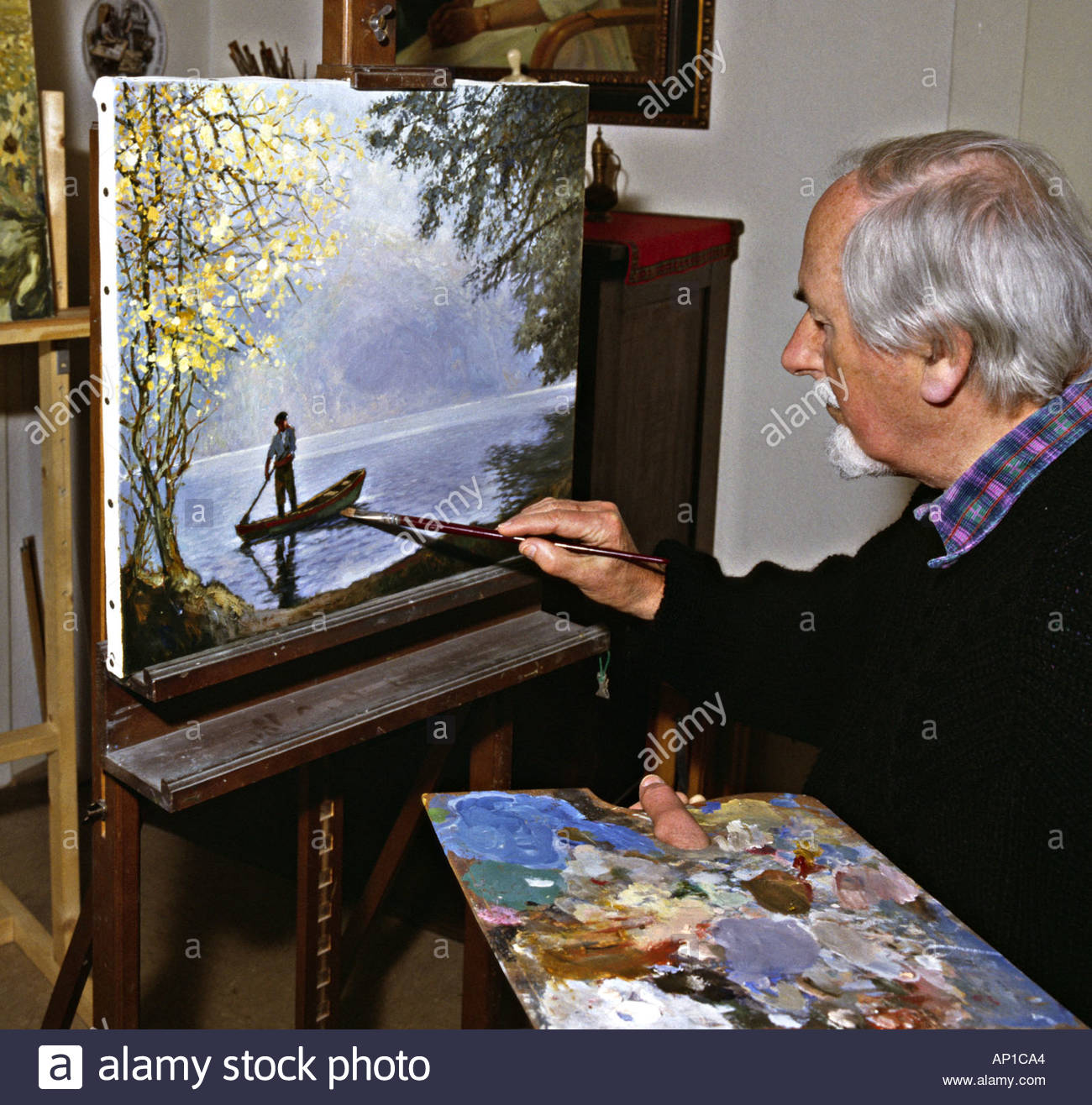 1300x1316 Artist In His Studio Elder Man Making Oil Painting Stock Photo - Painting Making