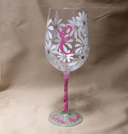 450x468 Hand Painted Wine Glass With Initials And Daisies - Painting Martini Glasses