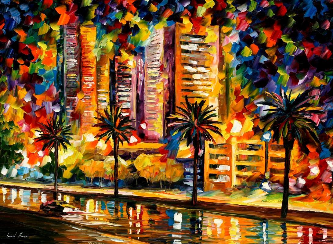 1091x800 The Night Lights Of Miami Palette Knife Oil Painting On Canvas - Painting Miami