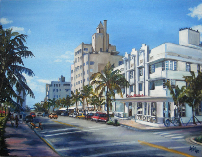 700x545 Art De Joie Miami Cityscape Oil Painting, Ocean Drive - Painting Miami