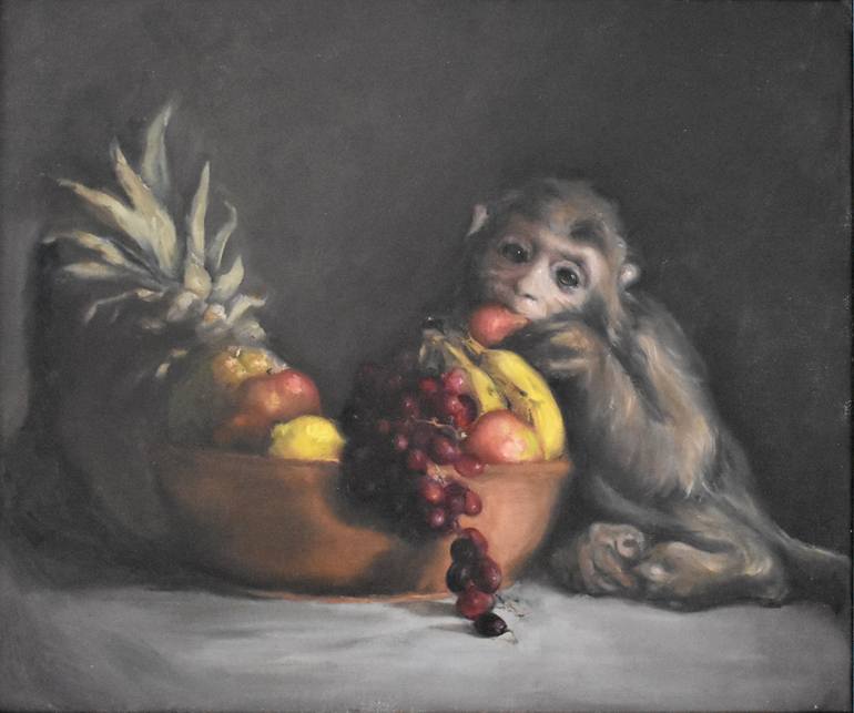 770x643 Saatchi Art Monkey With Fruit Bowl Painting By Jack Ford - Painting Monkey