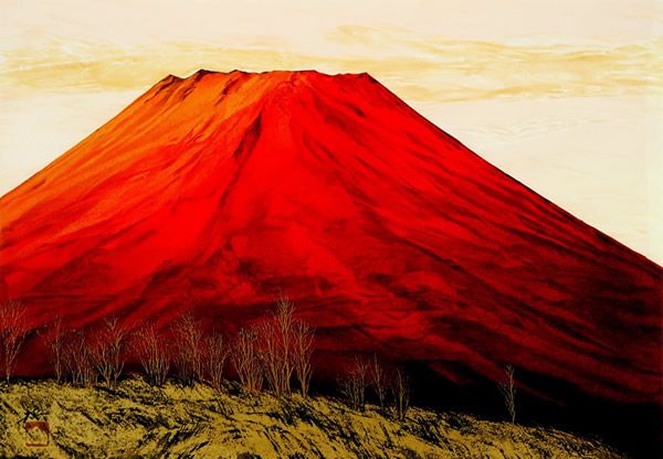 600x416 Red Mount Fuji, Lithograph By Misao Yokoyama Japanese Painting - Painting Mount Fuji Red