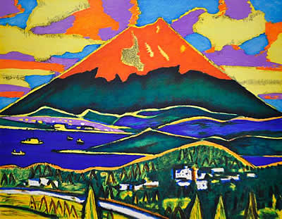 400x311 Red Mt. Fuji' Lithograph By Hirosuke Tasaki - Painting Mount Fuji Red