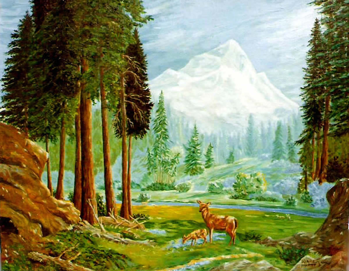 1200x932 Artwork By Duane Hurst Oil Painting (1979) Mountain Scene - Painting Mountain Scene