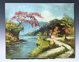 300x236 Cabin Lodge By River And Mountain Scene Landscape Oil On Canvas - Painting Mountain Scene