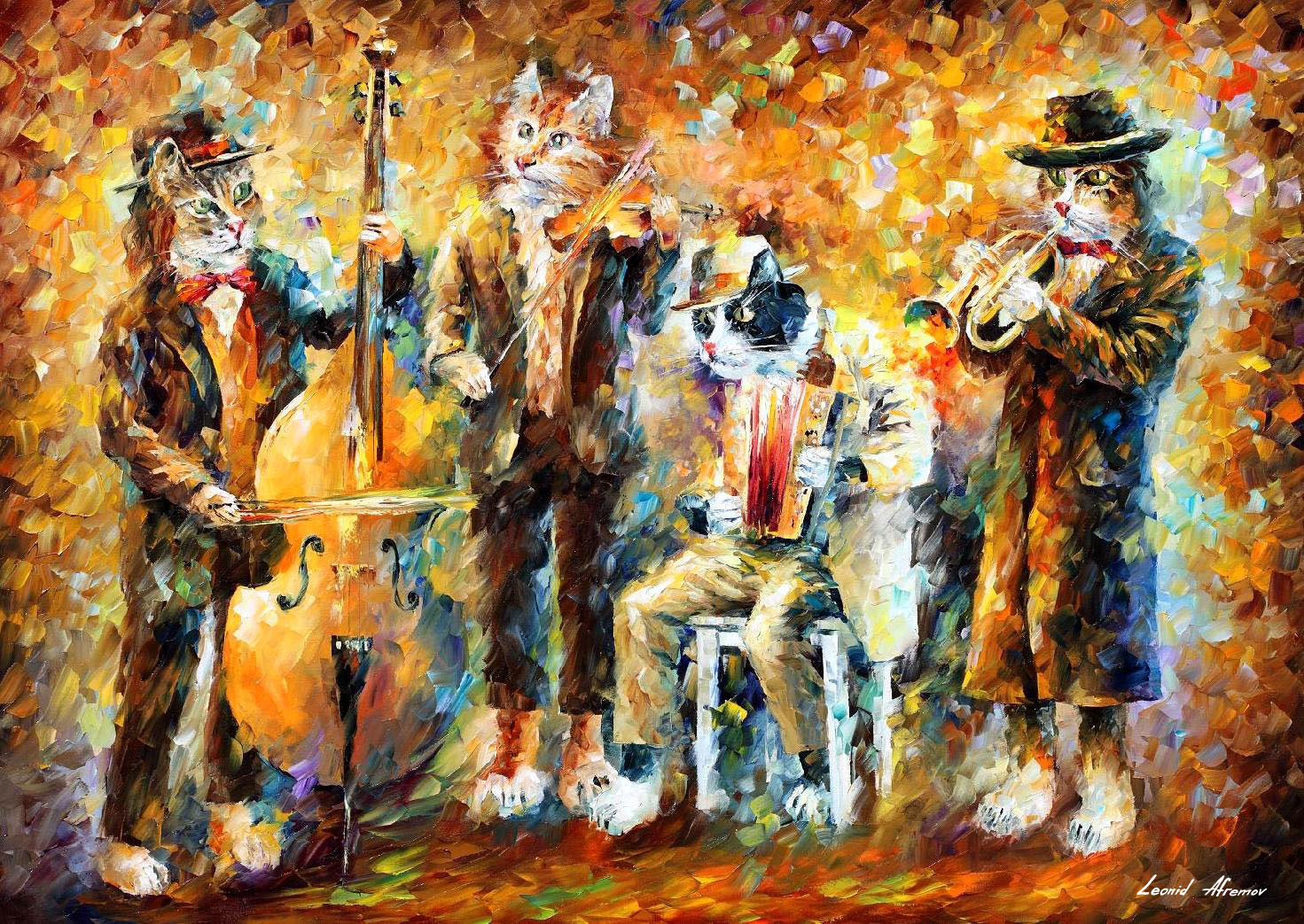 1471x1043 Musical Cats Palette Knife Oil Painting On Canvas By Leonid Afremov - Painting Musical