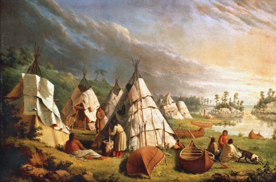 550x363 Huron, Lake Native American Encampment, About 1845 - Painting Native American