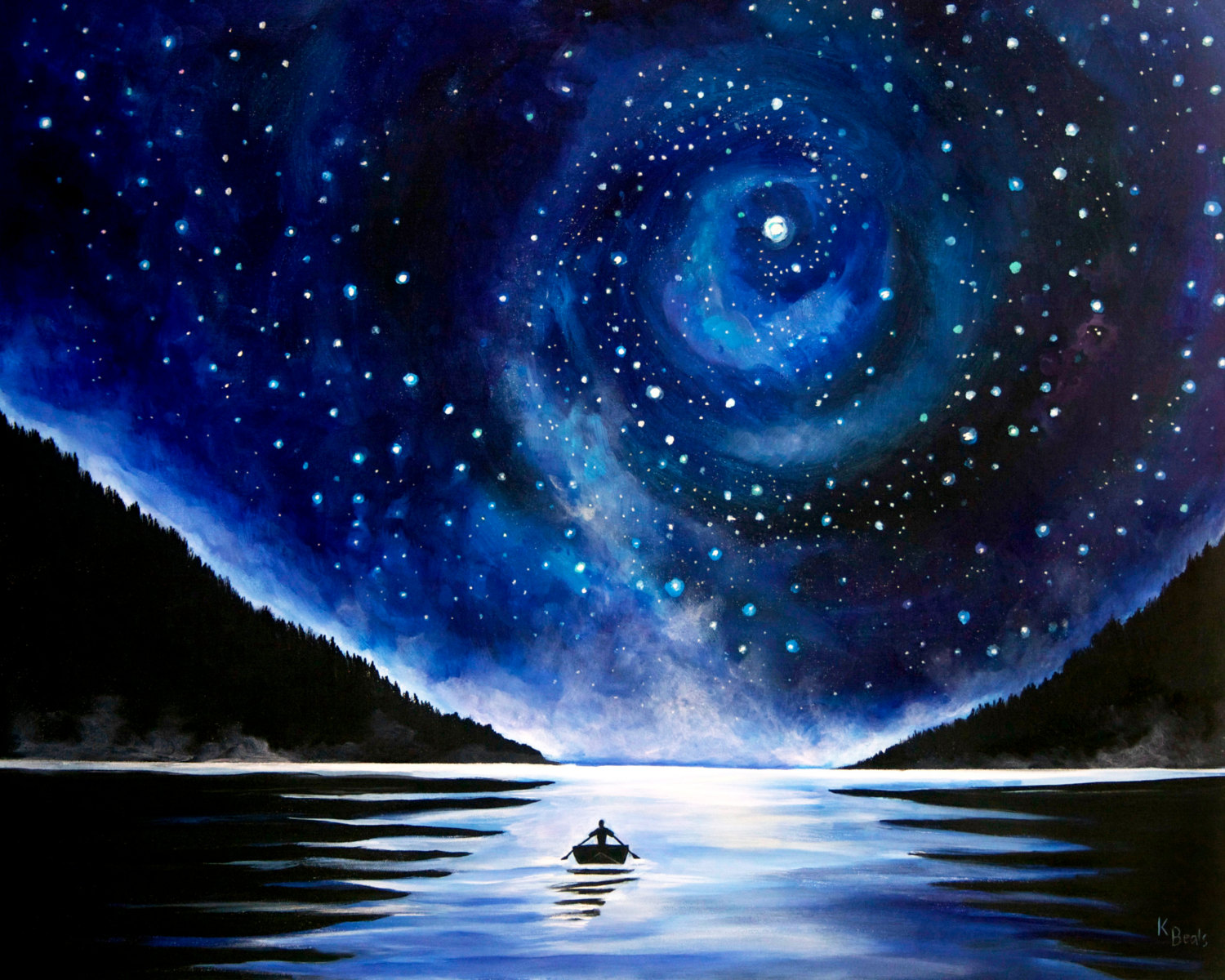1500x1200 Rowboat Under The Stars Landscape Painting Canvas Print - Painting Night
