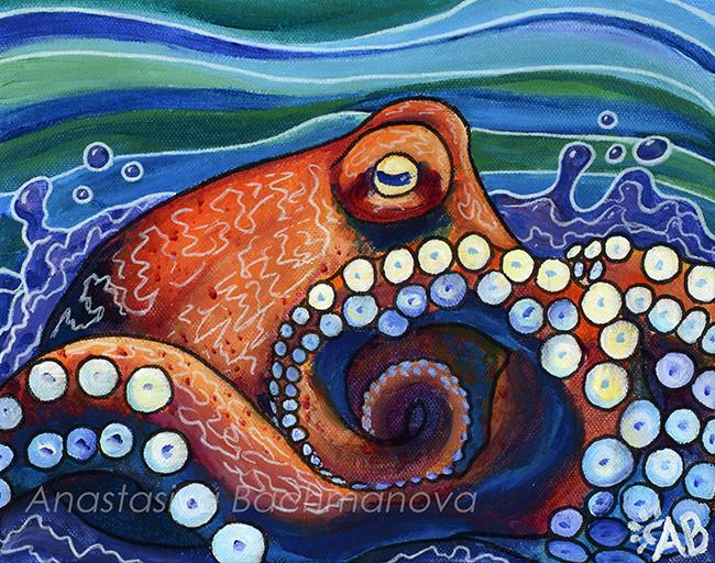 650x512 Inky Octopus Original Acrylic Painting Follow The Sun - Painting Octopus