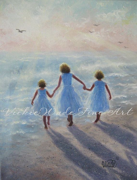 570x751 Three Beach Girls Art Print, Three Sisters Beach, Walking - Painting Of 3 Sisters
