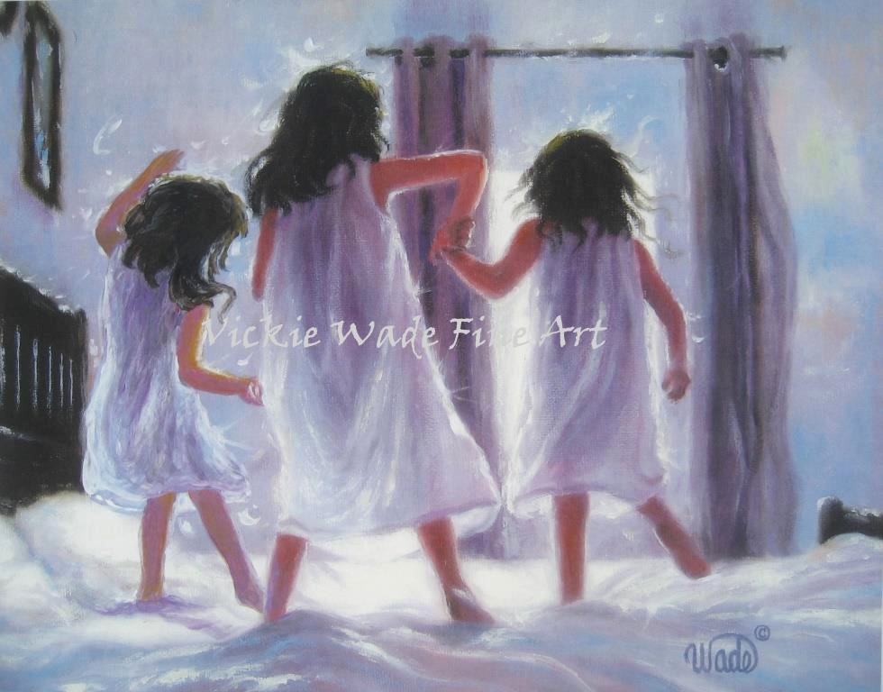980x768 Three Sisters Jumping On The Bed Painting Vickie Wade Fine Art - Painting Of 3 Sisters