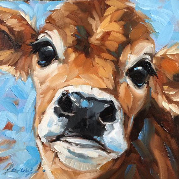 570x570 Cow Painting, 6x6 Inch Original Impressionistic Oil Painting - Painting Of A
