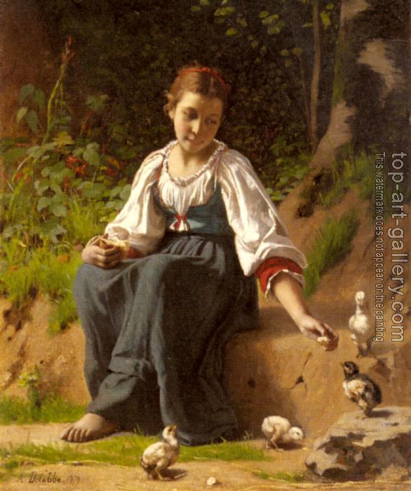 586x700 A Young Girl Feeding Baby Chicks By Francois Alfred Delobbe Oil - Painting Of A Baby Girl