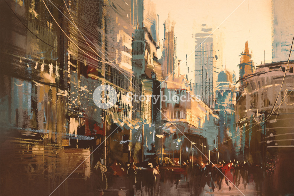 1000x667 Illustration Painting Of City Street,vintage Style Royalty Free - Painting Of A City