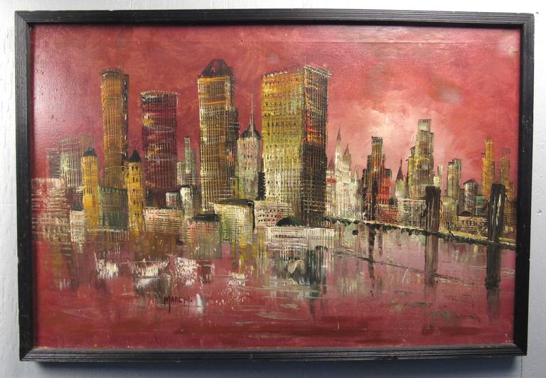 768x532 Mid Century Modern Acrylic Painting Of City Skyline, Signed March - Painting Of A City