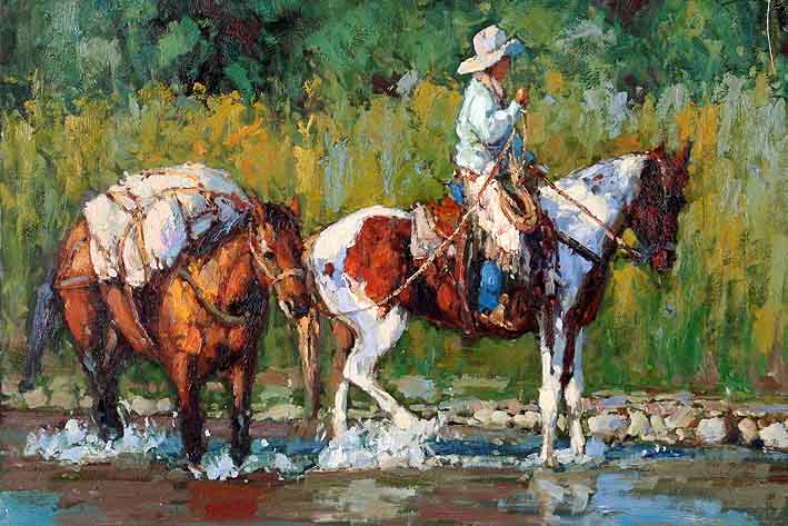 709x473 Cowboy Wading Horses Through The Creek,oil Paintings On Canvas,oil - Painting Of A Cowboy
