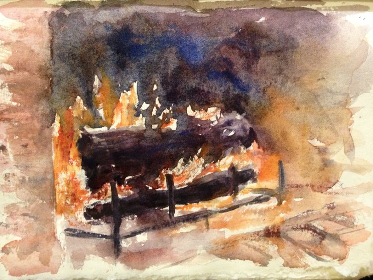 750x563 Fire In The Fireplace Watercolor Painting Tutorial - Painting Of A Fireplace
