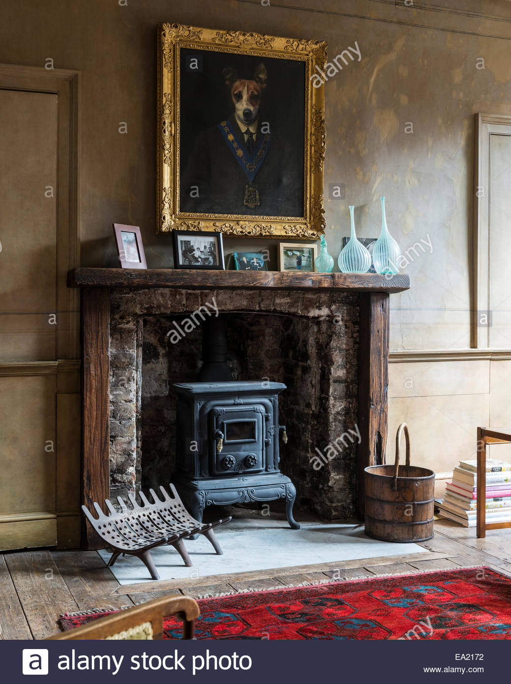 1039x1390 Gilt Framed Oil Painting Of Dog Above Original Fireplace Stock - Painting Of A Fireplace