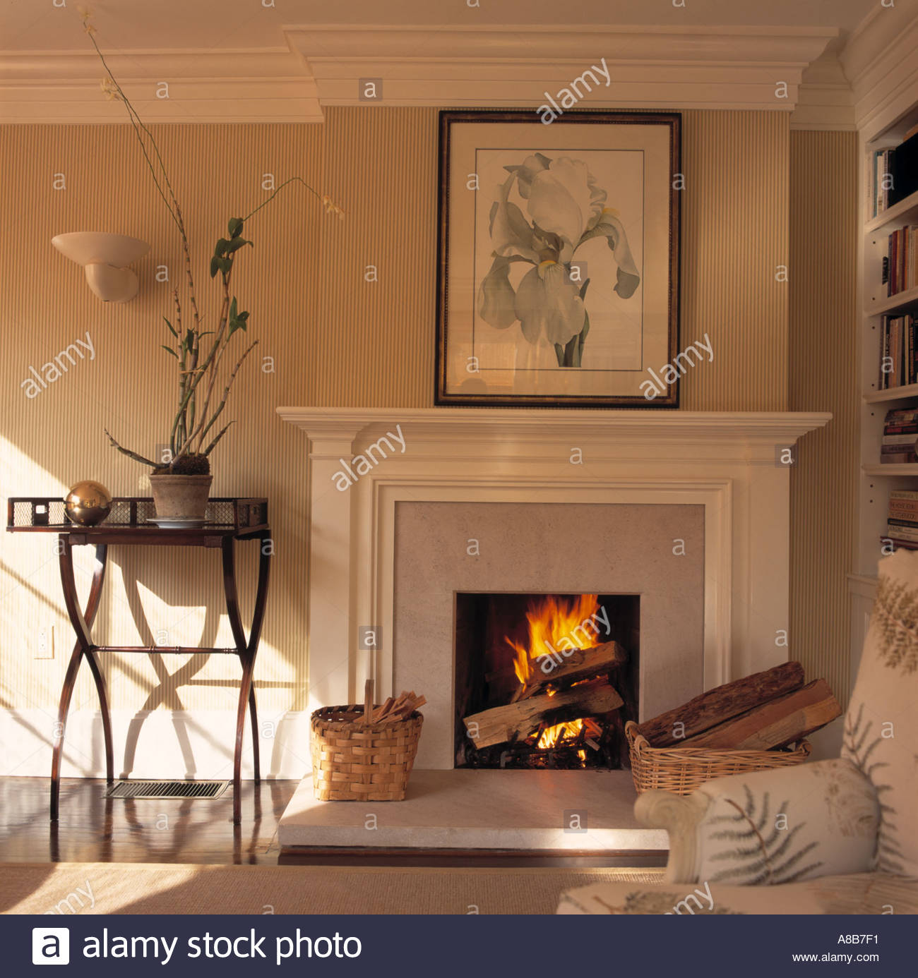 1300x1386 Large Painting Of Single White Iris On Wall Above Fireplace - Painting Of A Fireplace