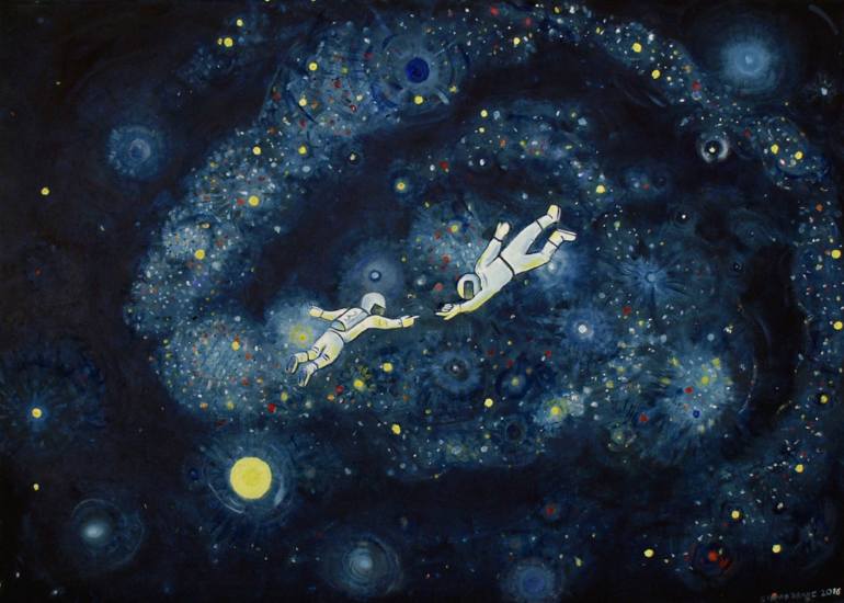 770x550 Saatchi Art Two Astronauts Floating Above A Blue Galaxy Painting - Painting Of A Galaxy
