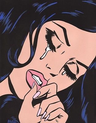 313x400 Crying Comic Girl 8x10 Painting Pop Art Turddemon Black Hair Girls - Painting Of A Girl Crying