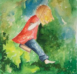 300x289 Swinging Watercolor Painting Of Little Girl On Swing With Green - Painting Of A Girl On A Swing