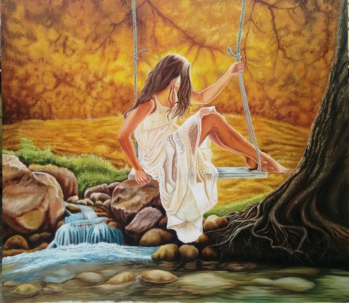 500x434 Buy Girl On Swing Near Water Fall Handmade Painting By Pushpendra - Painting Of A Girl On A Swing