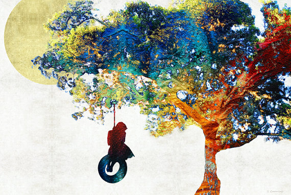 570x383 Colorful Landscape Tree Art Print From Painting Girl Tire - Painting Of A Girl On A Swing