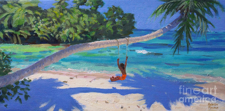 900x445 Girl On A Swing, Seychelles Painting By Andrew Macara - Painting Of A Girl On A Swing