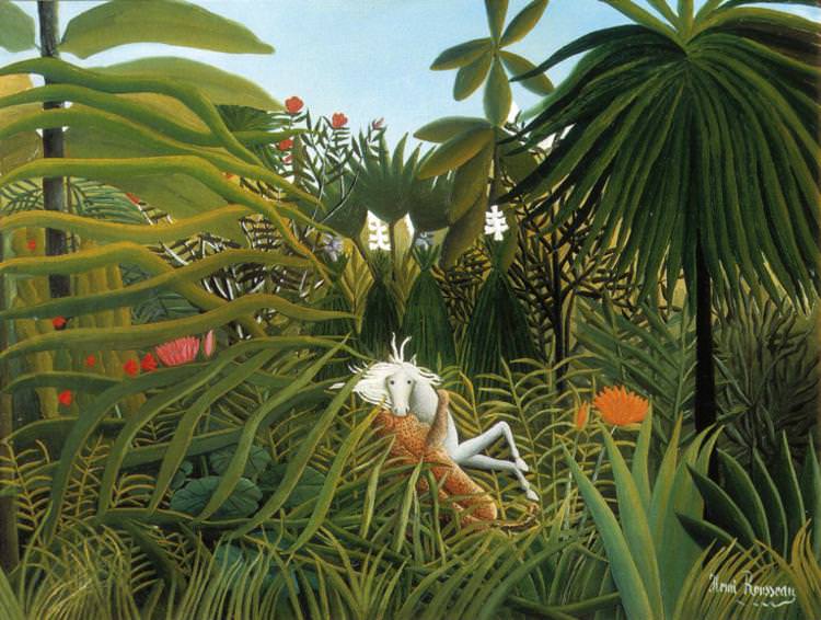750x566 Henri Rousseau Paintings - Painting Of A Horse Attacking A Football Player