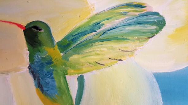 613x345 Oil Painting Hummingbird And Lilies Botanical Collection Aftcra - Painting Of A Hummingbird