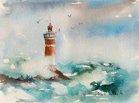 570x423 Original Watercolor Of A Lighthouse With Waves And Birds - Painting Of A Lighthouse