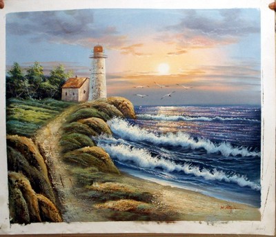 400x344 Lighthouse On Beach Painting, Aunknown Artist Paintings - Painting Of A Lighthouse