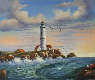 400x338 Lighthouse Painting, Aunknown Artist Paintings Reproduction, We - Painting Of A Lighthouse