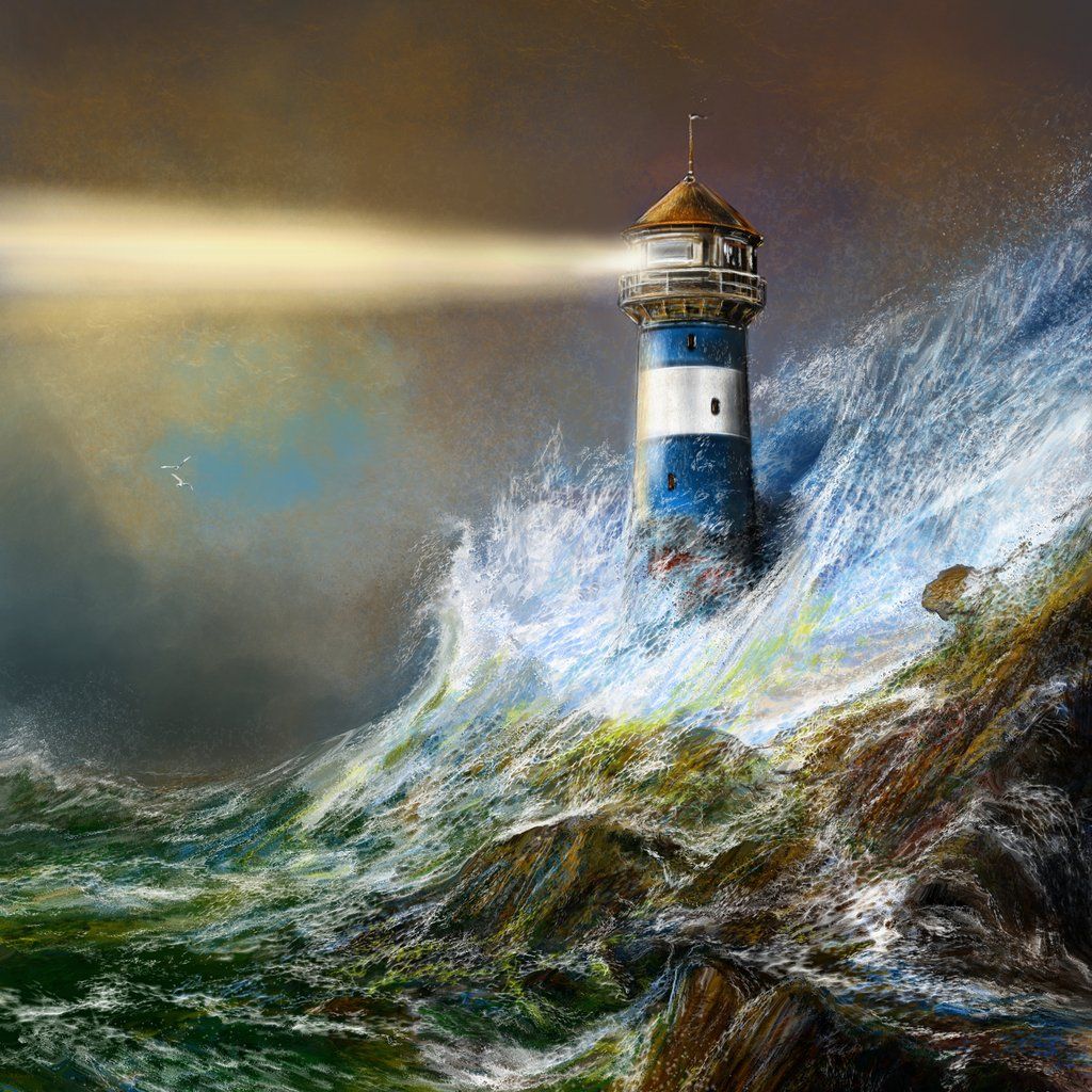 1024x1024re Kosslick ~ Digital Art Lighthouse, Storms - Painting Of A Lighthouse