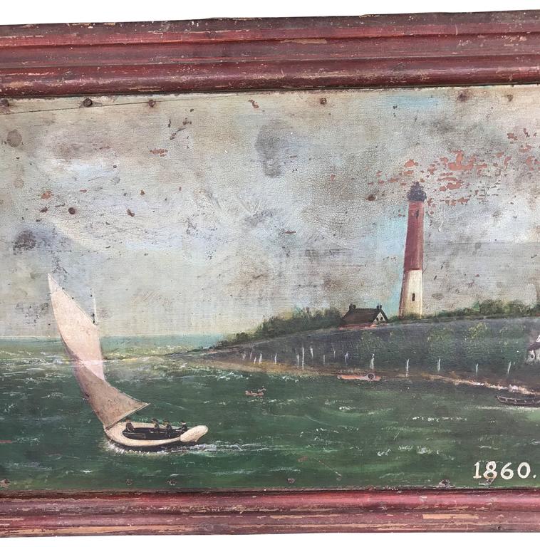 758x768 Large 19th Century Marine Painting Of A Lighthouse And Sailboat - Painting Of A Lighthouse